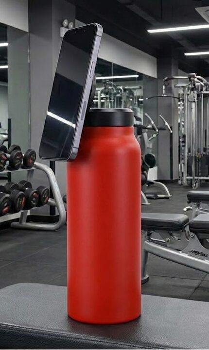 Gourde Caméo avec support MagSafe tenant un smartphone, posée sur une machine de sport dans une salle de fitness.