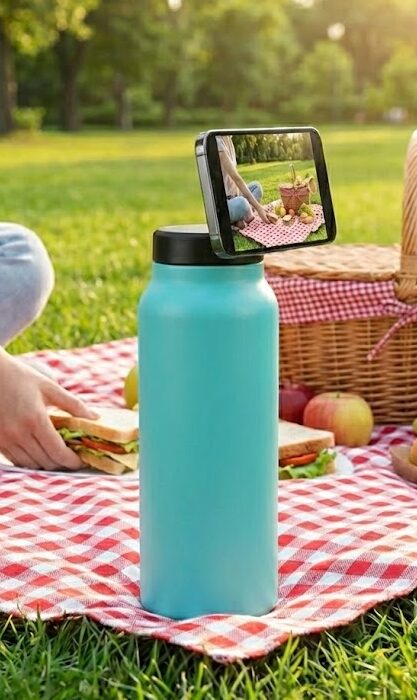 Gourde Caméo isotherme avec téléphone fixé sur support MagSafe, utilisée en extérieur lors d’un pique-nique.