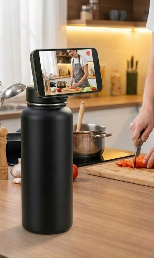 Gourde Caméo avec smartphone fixé en mode mains libres, utilisée pour filmer une recette en cuisine.